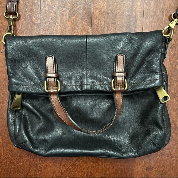 Fossil Explorer Tote in Black Leather with Brown Leather and Brass Accents - Picture 2 of 16
